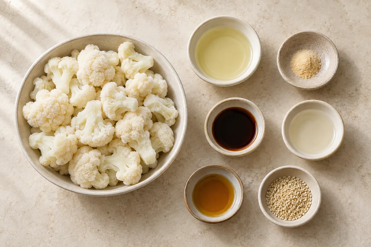 Frozen cauliflower florets, neutral oil, garlic powder, reduced-sodium soy sauce, rice vinegar, toasted sesame oil and sesame seeds in separate dishes — illustration