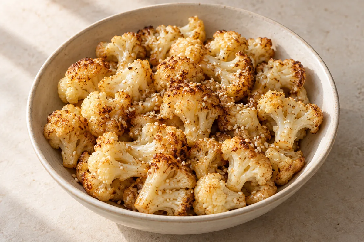 Roasted cauliflower florets with browned edges and a light soy-sesame coating in a shallow ceramic bowl — illustration