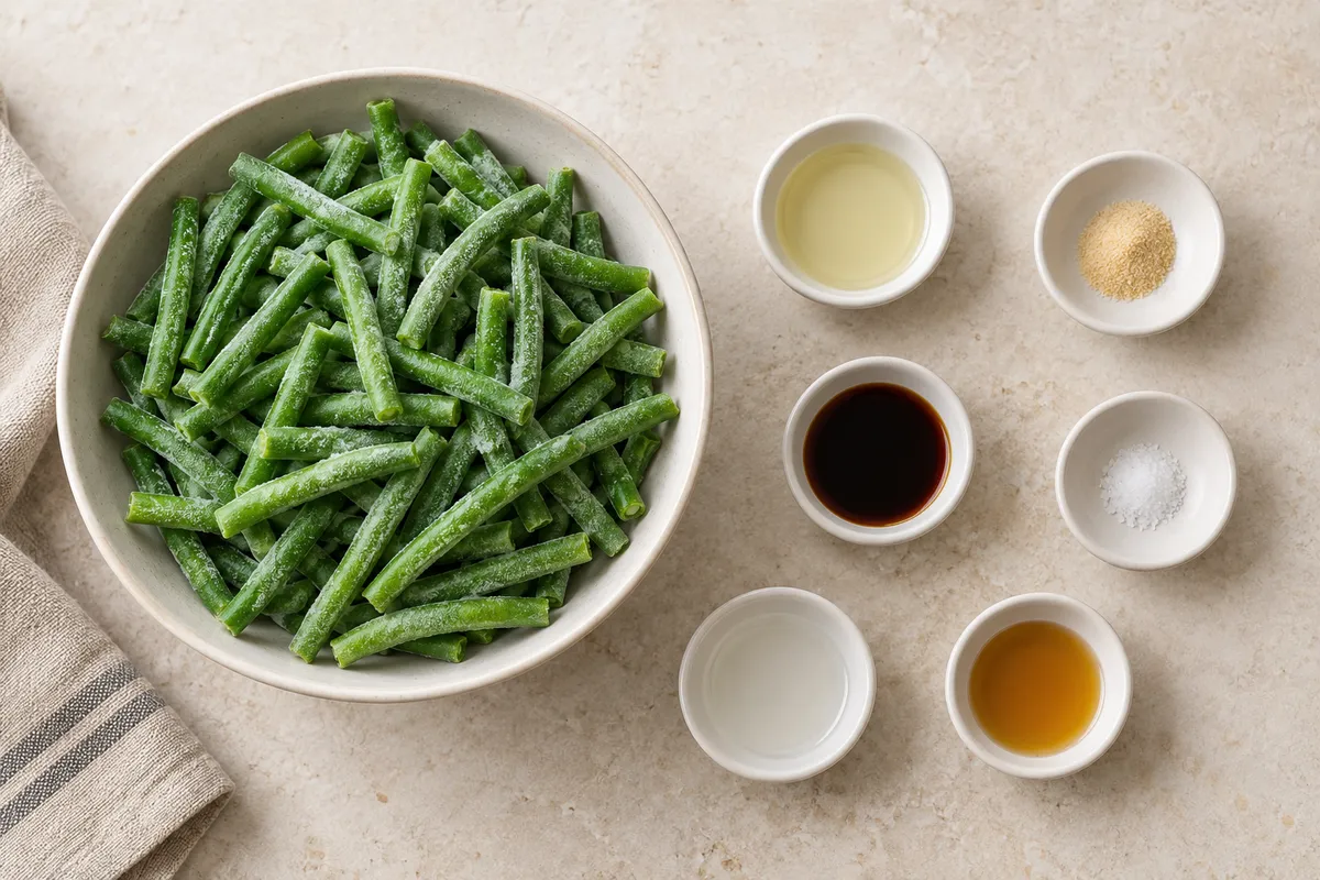 Frozen green beans with neutral oil, garlic powder, salt, soy sauce, rice vinegar and toasted sesame oil in separate dishes — AI-generated illustration