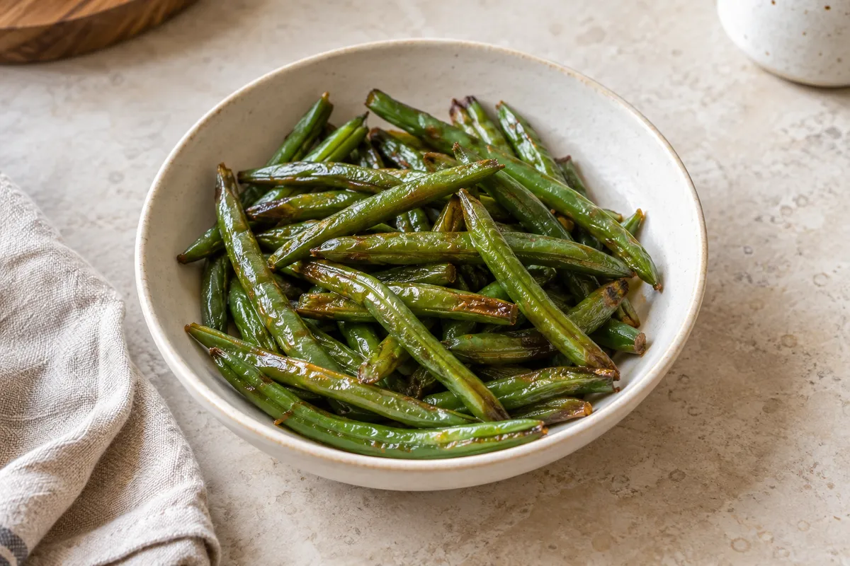 Tender air-fried green beans with lightly browned edges and a soy-sesame oil finish in a ceramic bowl — AI-generated illustration