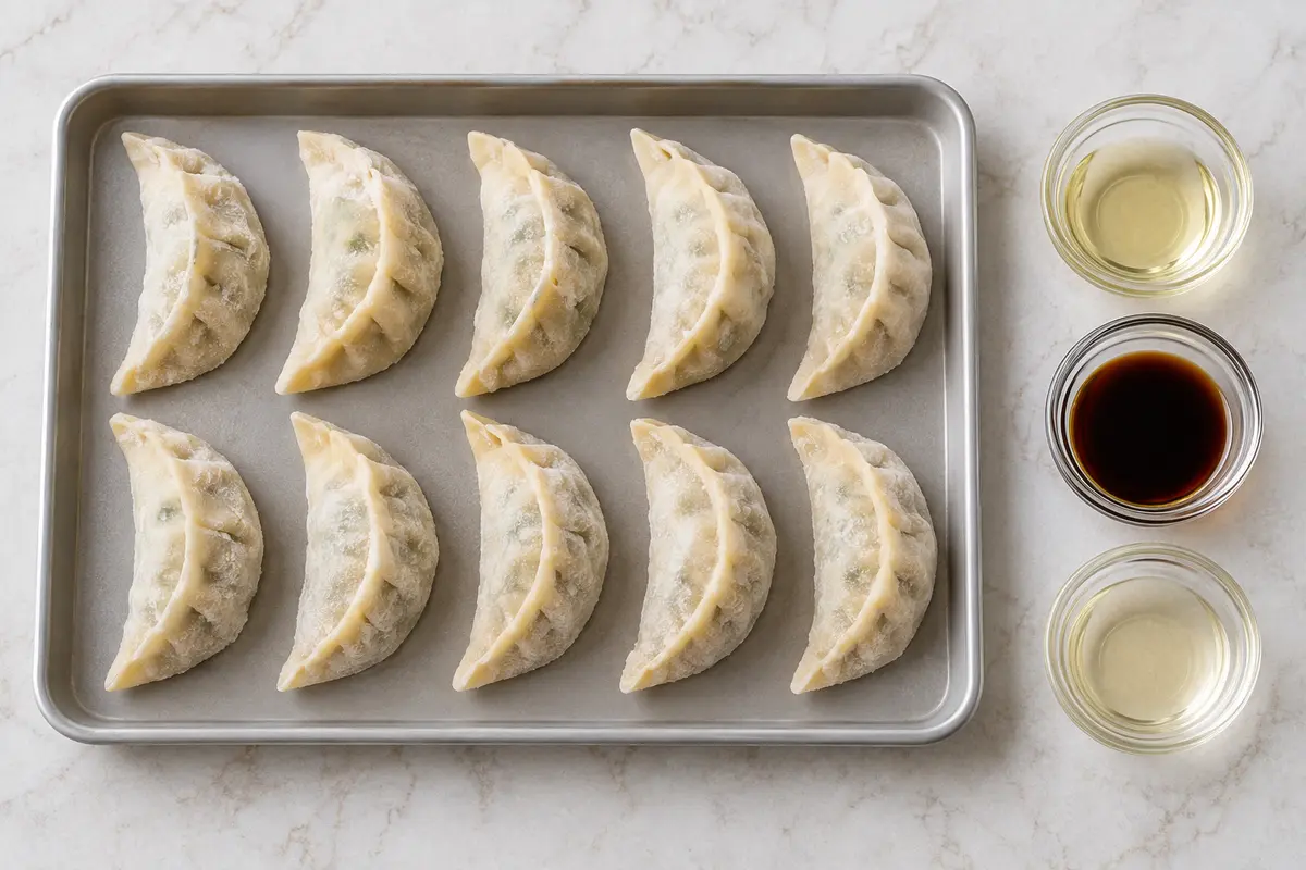 Ten frozen vegetable potstickers with neutral oil, reduced-sodium soy sauce and unseasoned rice vinegar arranged separately — illustration