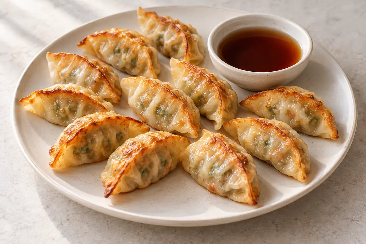 Ten golden air-fried vegetable potstickers on a ceramic plate with a soy-vinegar dipping sauce — illustration