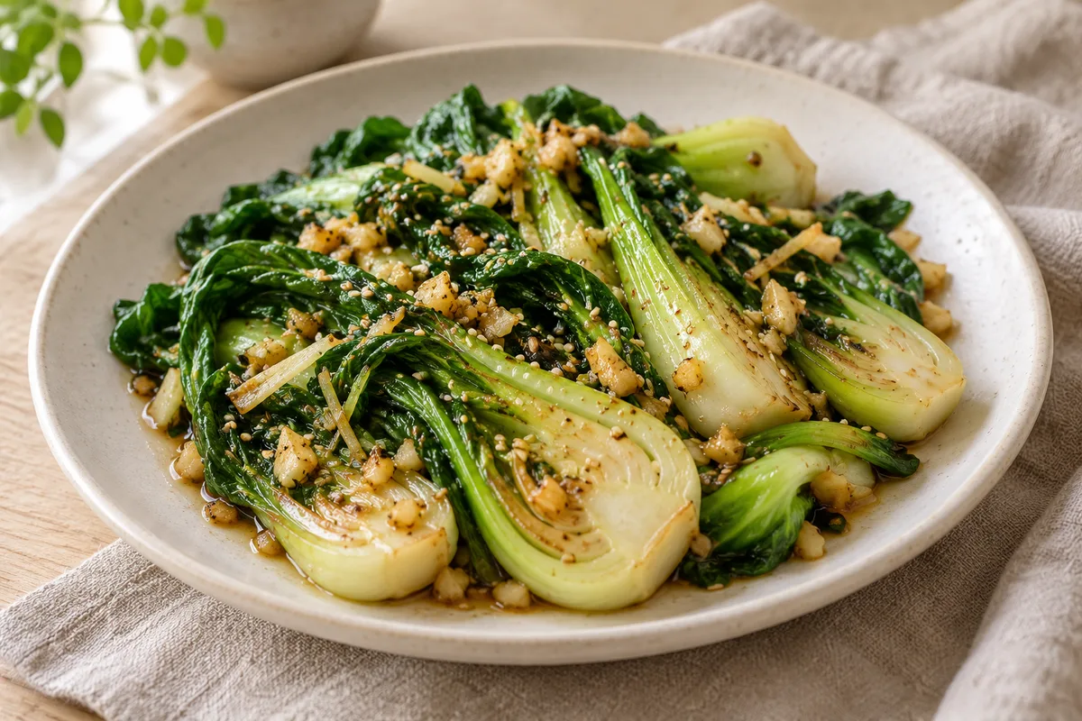 Bok choy stir fry with ginger and garlic — AI-generated illustration