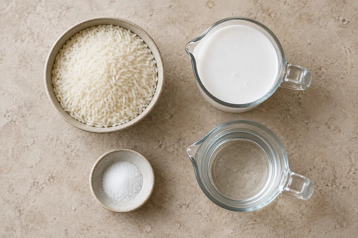 Dry jasmine rice, unsweetened full-fat coconut milk, water and fine salt arranged in separate bowls and jugs — illustration