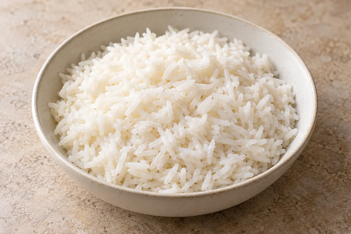 Fluffy white coconut jasmine rice with distinct grains in a shallow ceramic bowl — illustration