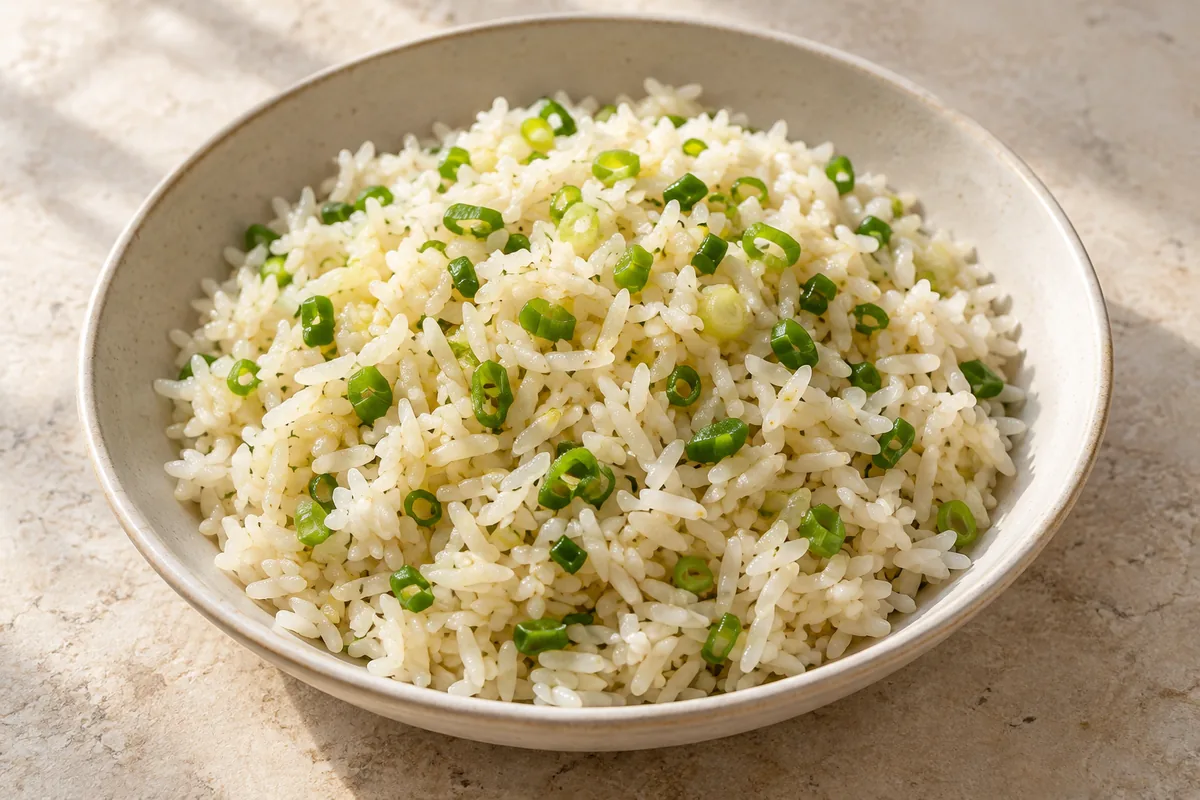 Jasmine rice with sliced scallions and ginger in a ceramic bowl — illustration