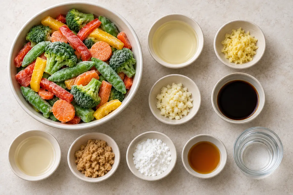 Frozen broccoli, bell pepper, carrot and snap peas with neutral oil, ginger, garlic, reduced-sodium soy sauce, rice vinegar, brown sugar, cornstarch, sesame oil and water arranged separately — illustration