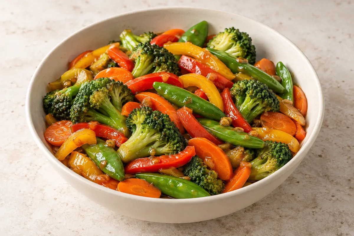 Broccoli, red and yellow bell pepper, carrot and snap peas coated in a light ginger-soy sauce in a ceramic bowl — illustration