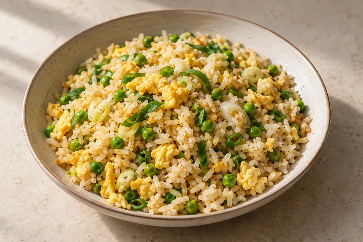 Egg fried rice with peas, scallions and golden scrambled egg — illustration