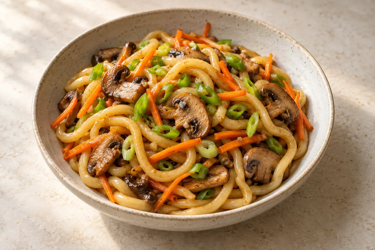 Thick udon noodles with browned mushrooms, carrot matchsticks and scallions — illustration